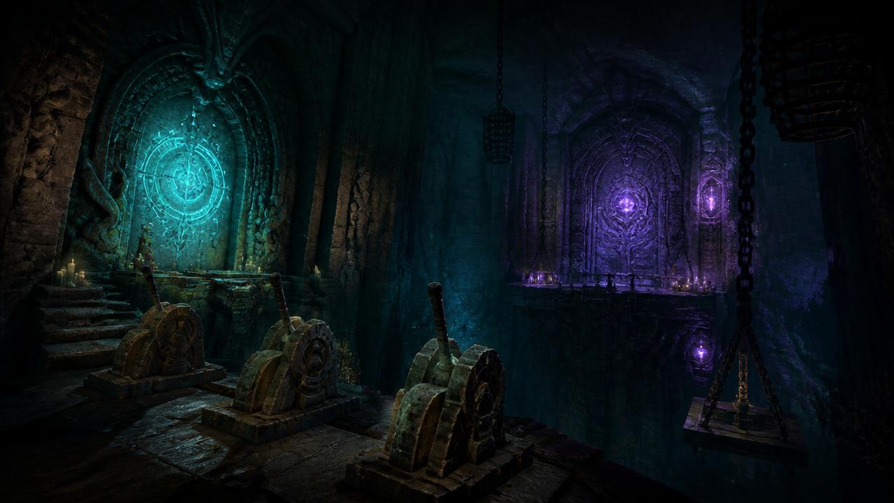 Underground rune chamber with stone levers — Baldur's Gate 3 style scene