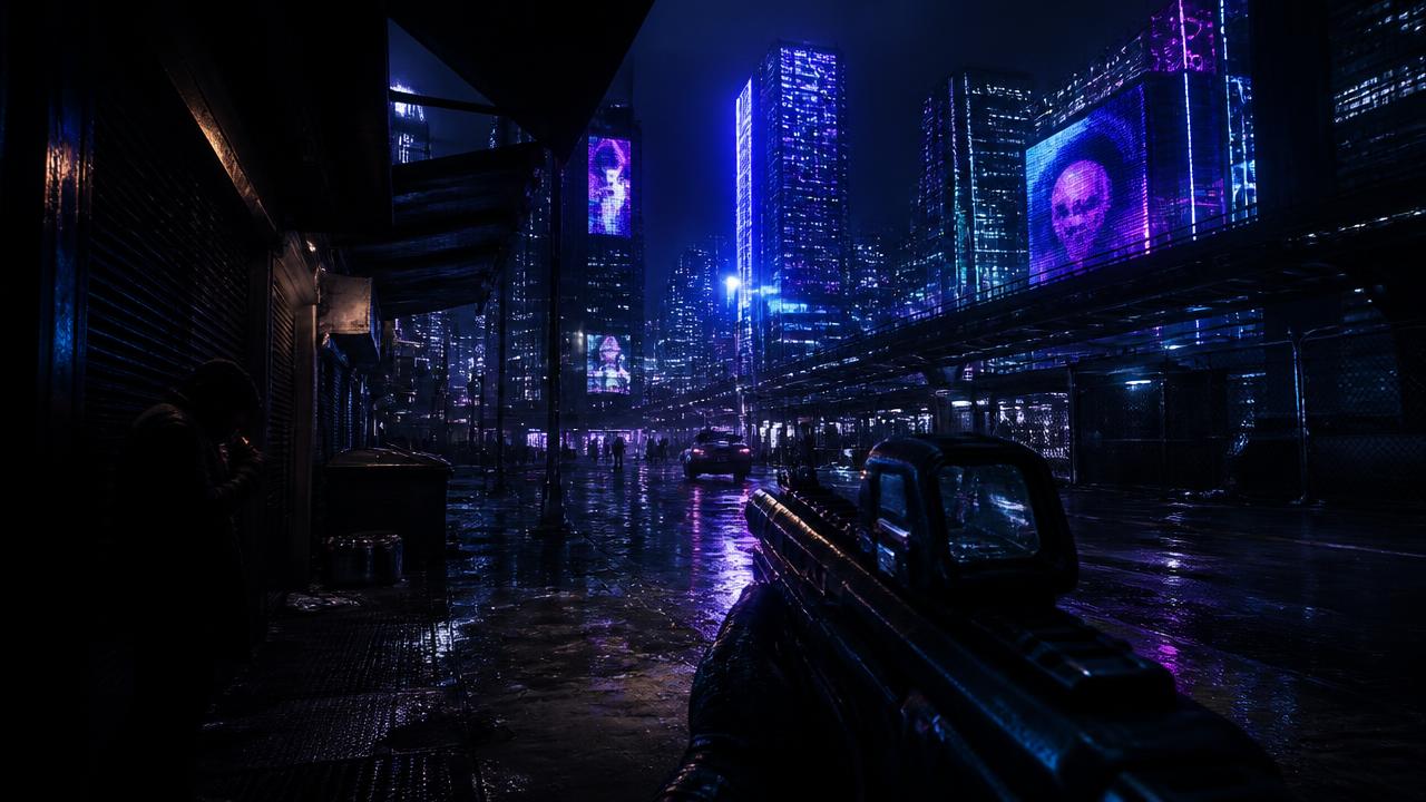 Neon-lit rainy futuristic city street — Cyberpunk 2077 style scene