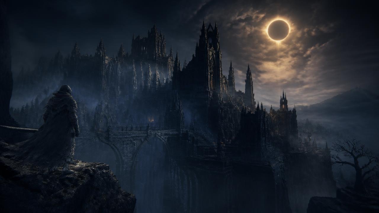 Dark fantasy cathedral ruins under an eclipse — Elden Ring style scene